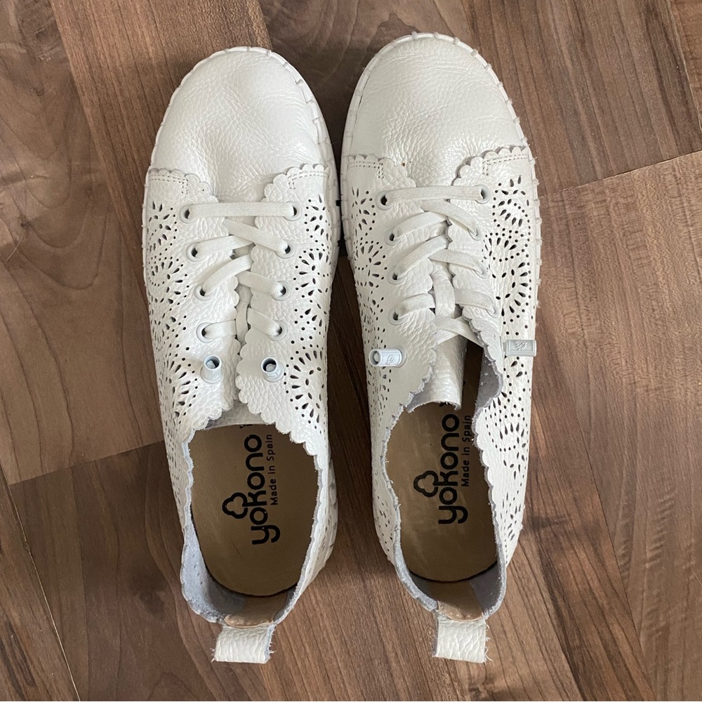YOKONO White Leather Perforated Slip on Sneakers 38/ 8